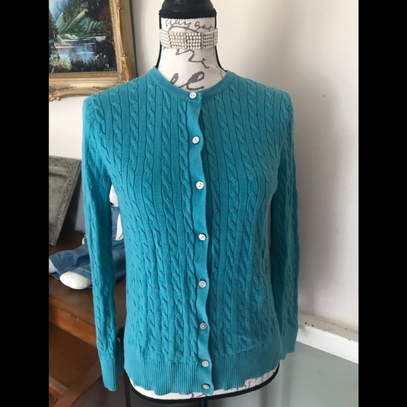 Lands’End Aqua Blue Ribbed Cardigan Sweater M/P - Picture 5 of 6